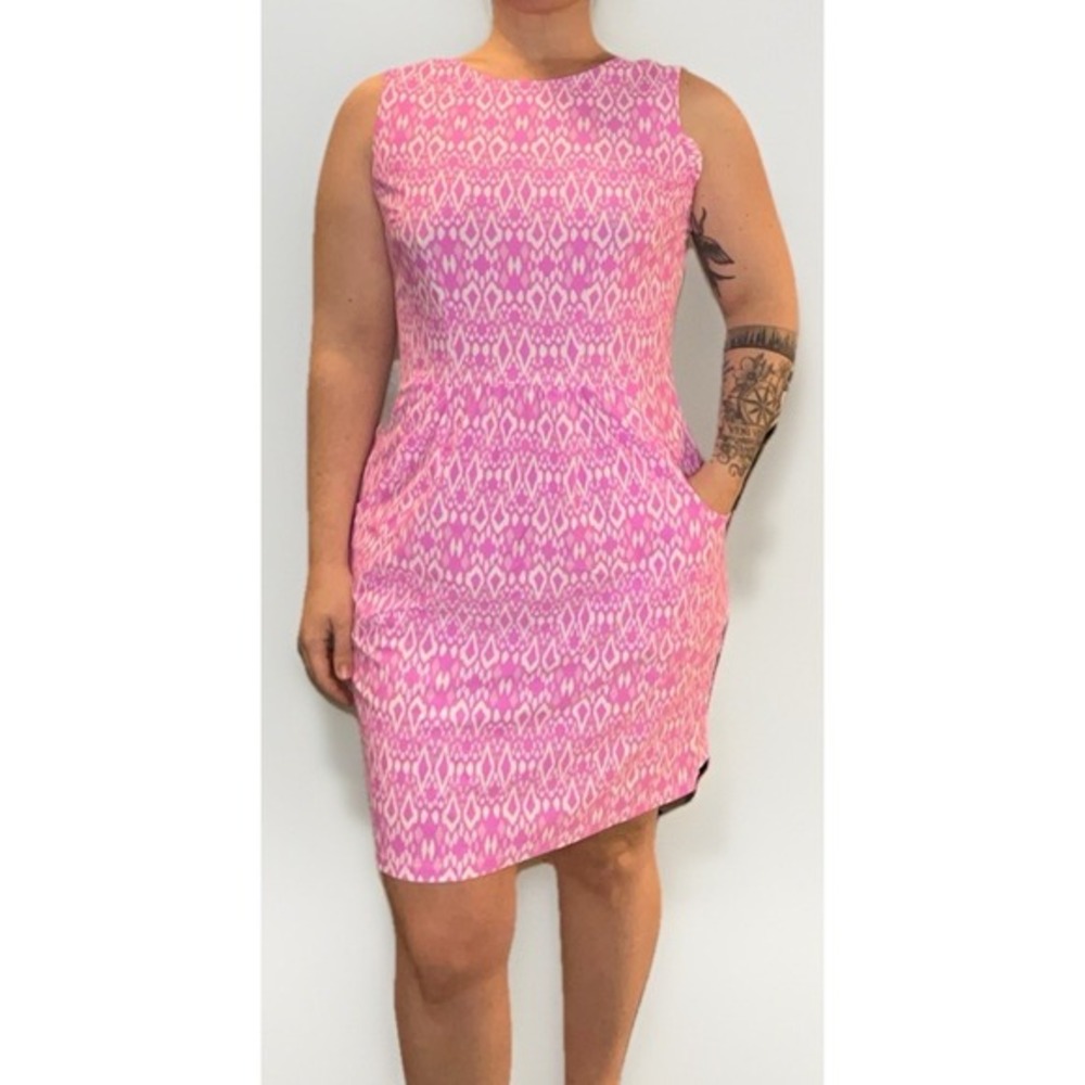 Jude Connally‎ Pink Ikat Print Sheath Dress M Sleeveless Pockets Resort Chic